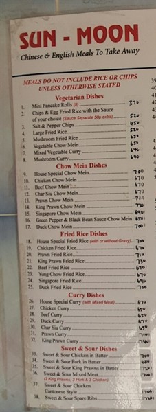 Menu of Sun Moon North Cornelly